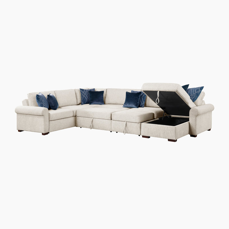 Canapé modulaire en microfibre 5 pièces avec lit escamotable, méridienne réversible et accoudoirs roulés 153 po., Beige