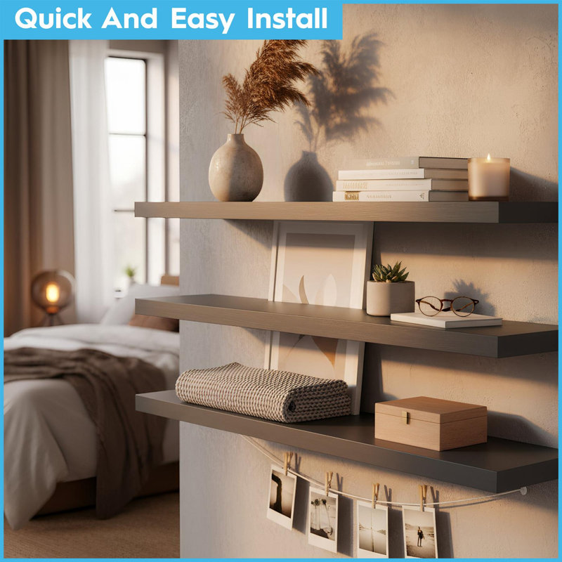 Harbour Housewares - Modern Floating Wall Shelves, 4cm H x 60cm W x 23.5cm D, Brown