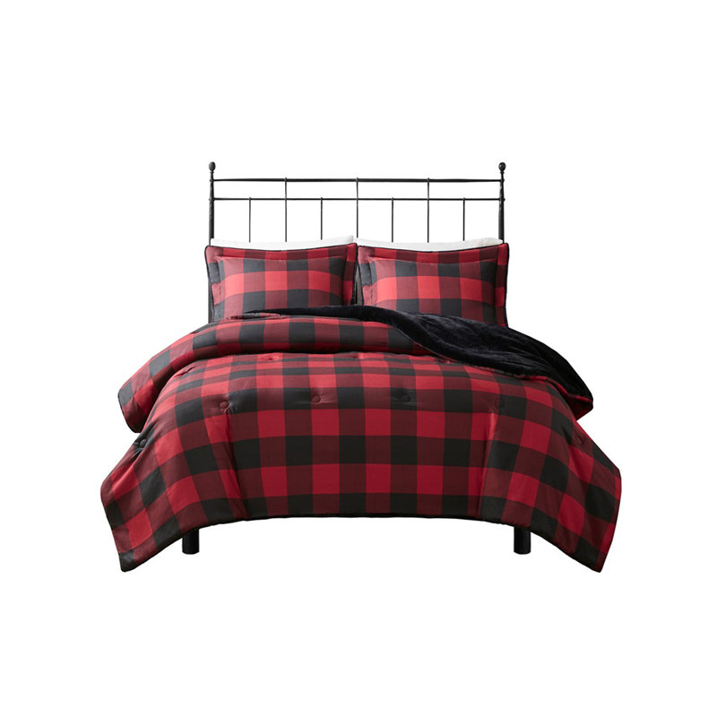 Full/Queen Faux Wool To Faux Fur Down Alternative Comforter Set, Queen Comforter + 2 Standard Shams, Red/Black