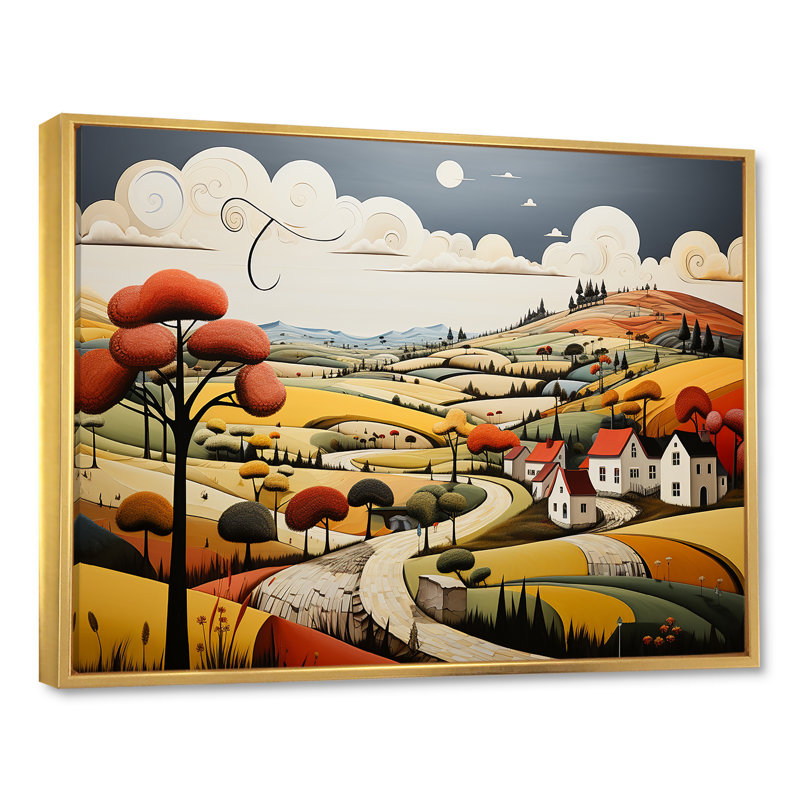 «Country Side De Stijl Lansdcape - campagne», reproduction d'art sur toile, Cadre flottant doré, H 12 po x l 20 po x P 1 po
