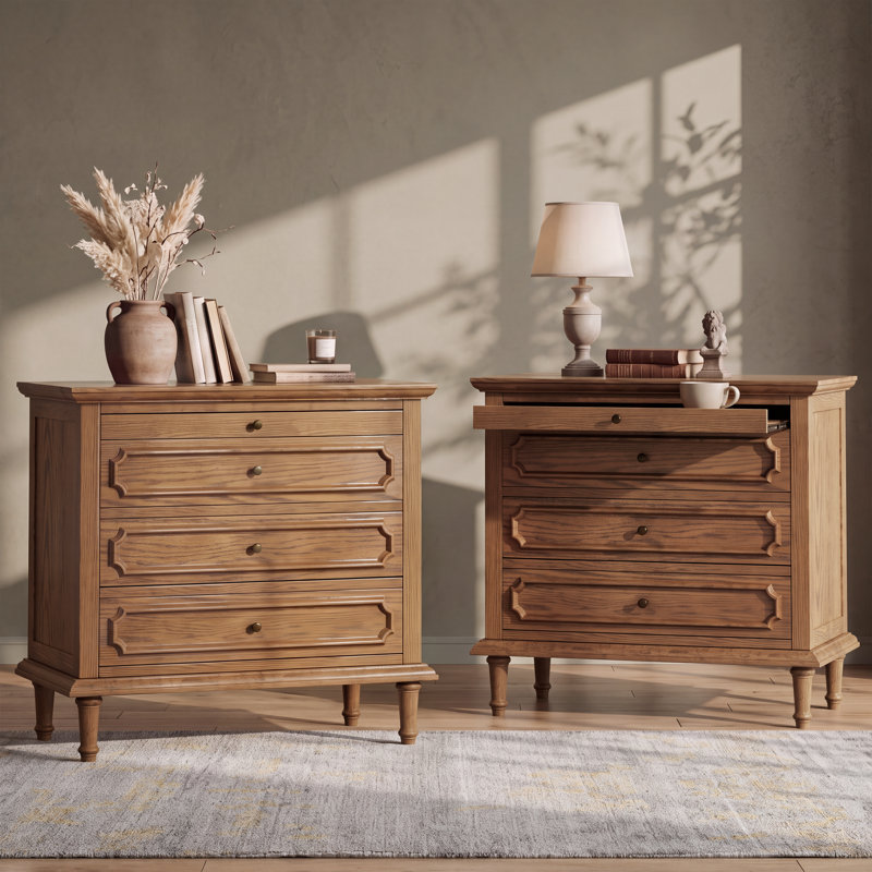 Vintage 28.3''W 3-Drawer Solid Wood Nightstand with Built-in Outlets and Pull-out Shelf, Fully Assembled(Set of 2), Brown