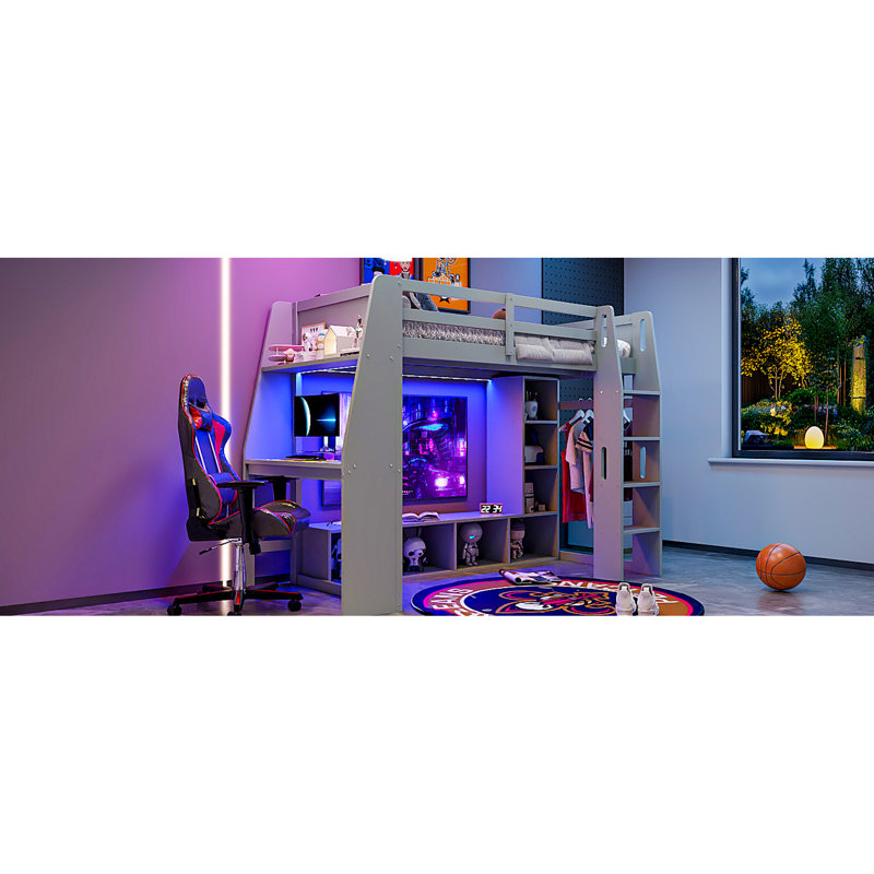 Latitude Run® Wood Twin Size Loft Bed With Desk, Led, Multi Shelves ...