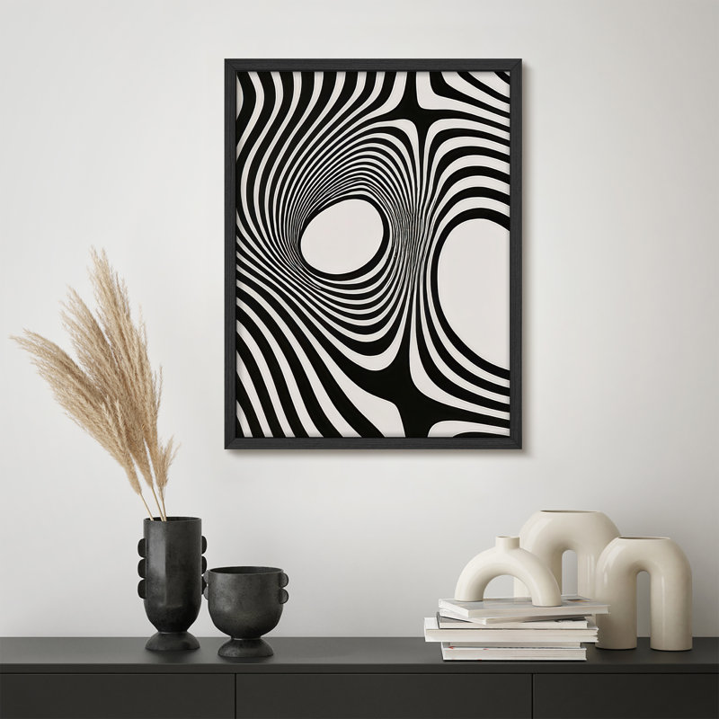 Art mural noir et blanc illusion optique encadrée - Lignes abstraites audacieuses avec flux dynamique, H 14 po x l 11 po