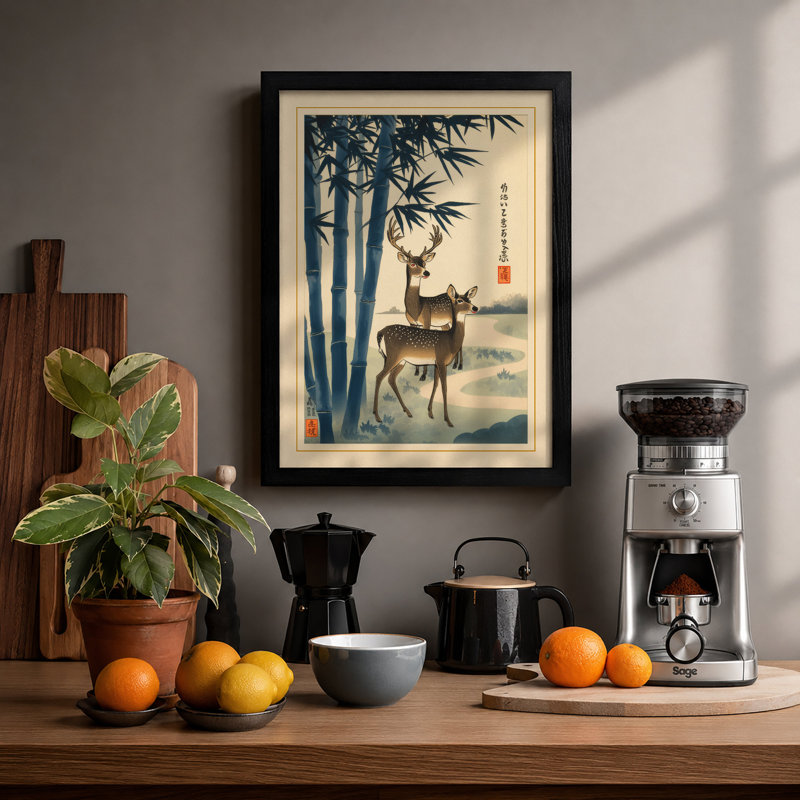 Deer Among Bamboo Japandi - Framed Print, Black, A4 - 29.7 x 21.0 cm