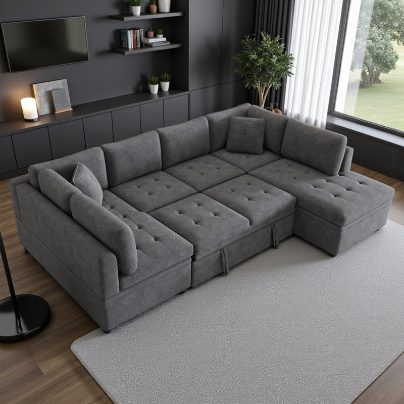 4-Piece U-Shaped Upholstered Sectional, Gray Chenille