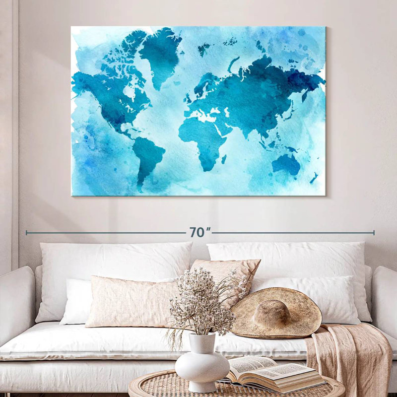 Carte du monde bleue rétro Aliaz, H 34 po x l 51 po