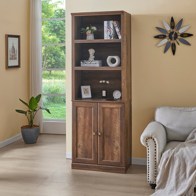 1 Doors Bookshelf With USB Port And 3 Open Shelves Bookcase Side Cabinet Storage Shelves, Brown