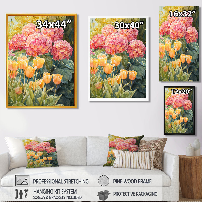 Hortensias dans le jardin printanier I - hydrangées, art mural, Impression encadrée flottante, H 20 po x l 12 po, Doré