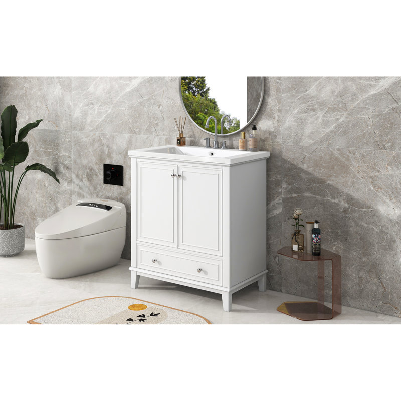 Meuble-lavabo de 30 po avec lavabo en céramique - bois massif blanc et armoire, porte fonctionnelle blanche, X 34,8 po
