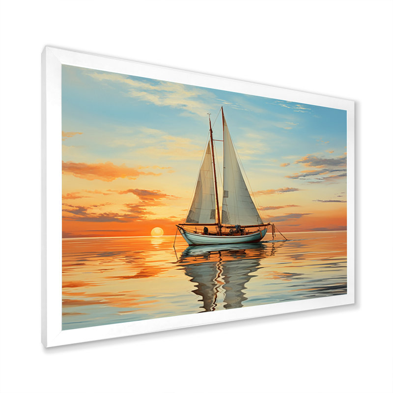 Voilier, réflexion rythmique I sur toile, Cadre simple blanc, H 30 po x l 40 po x P 1,5 po