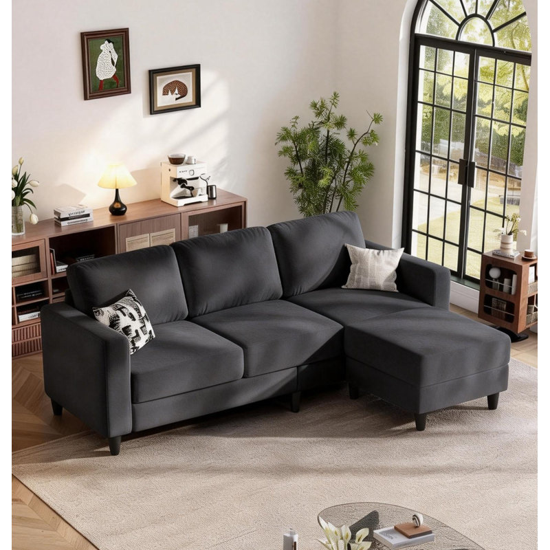 73" Upholstered Sectional Sofa With Ottoman, 8" Extra Thick High-Density Cushions, Gray Linen
