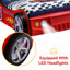 Lit Annjeanette pour enfant, en forme de voiture de course, avec roues lumineuses DEL, tête de lit rouge en forme de voiture et cadre de lit en bois.-827847724