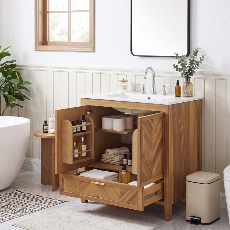 Meuble-lavabo de style champêtre avec lavabo en céramique intégré et quincaillerie à fermeture amortie
