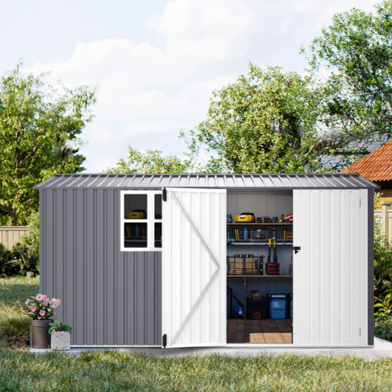 Remise de rangement durable en acier 8 x 12 avec portes doubles et fenêtres