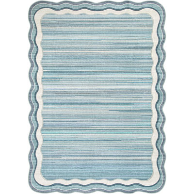 5x7 feet wave shaped modern washable carpet, blue abstract minimalist anti slip low plush restaurant, home office, blue