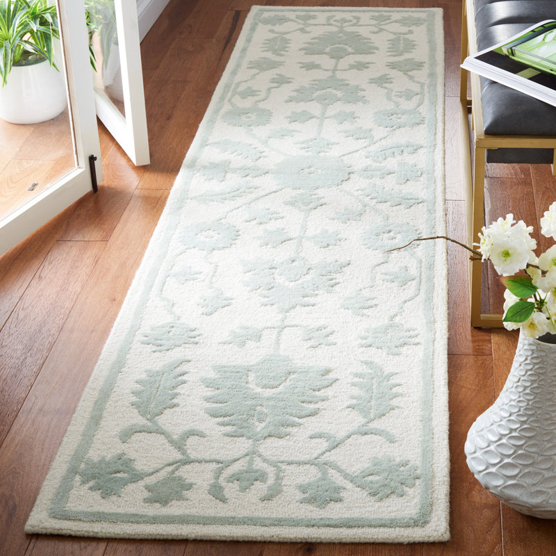 Tapis oriental vert / ivoire en laine / coton touffeté à la main Joran, Tapis de couloir 2 pi 3 po x 9 pi