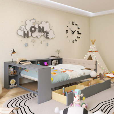 Wood Frame Full Size Platform Bed With Upholstered Headboard,Charging Station