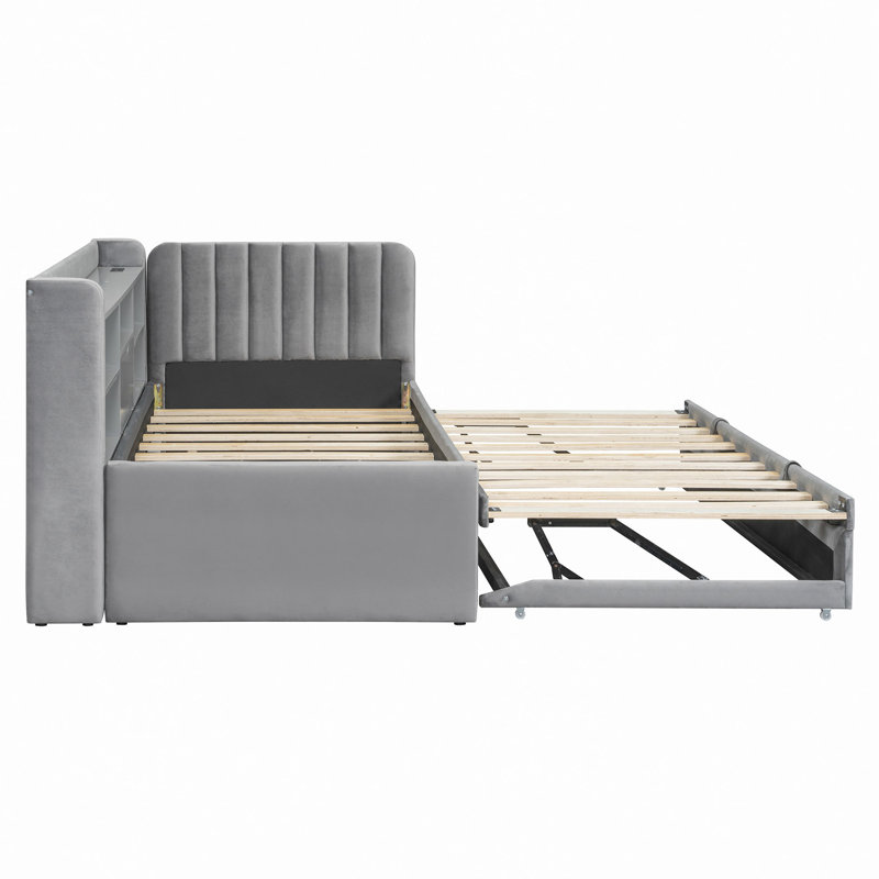 Upholstered Corner Daybed With Trundle, Bookcase And Outlets, Gray