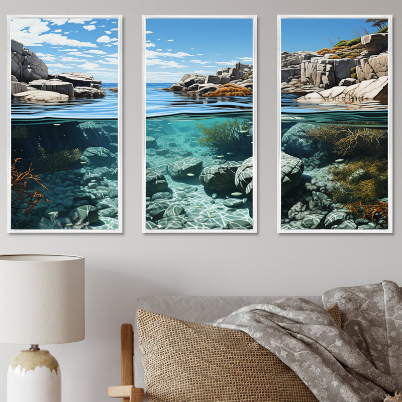 Ensemble de salon d'art mural Wild Coast Beachscape Landscape II, Cadre flottant blanc, H 28 po x l 36 po x P 1 po