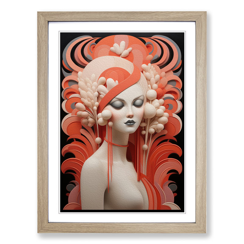 Coral Art Deco - Single Picture Frame Print on Wood, Oak, 64cm H x 46cm W x 2cm D
