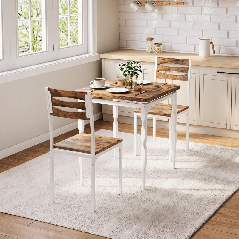 Ensemble table et chaises de salle à manger moderne 3 pièces pour 2 personnes – Meubles de cuisine et salle à manger gain de place avec pieds de table en spirale, idéal pour les appartements – MDF durable – Finition tube blanc et couleur classique