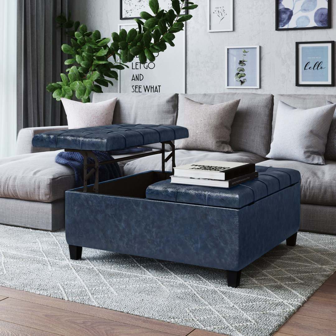 Harrison 36"W Upholstered Vegan Leather Transitional Square Lift-Top Ottoman with Hidden Storage Simpli Home Upholstery 