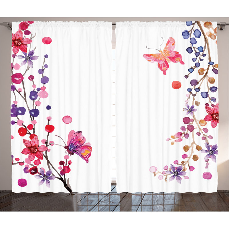 Butterfly Floral Semi-Sheer Rod Pocket Curtain Panels, 54" x 90"