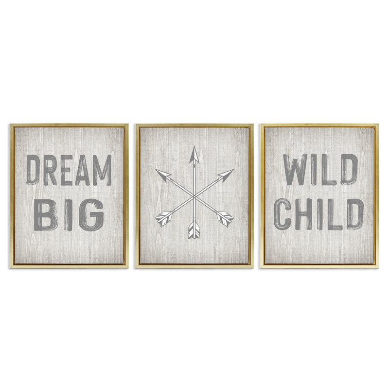  Dream Big Boho Arrows 3 PC Framed Floater Canvas Set by Ashley Calhoun, 21" H x 17" W, Metallic Gold Floater Frame