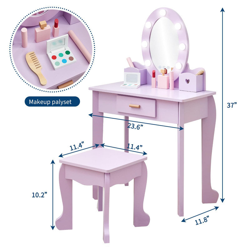 Ensemble coiffeuse en bois avec miroir lumineux et tabouret - Coiffeuse à DEL