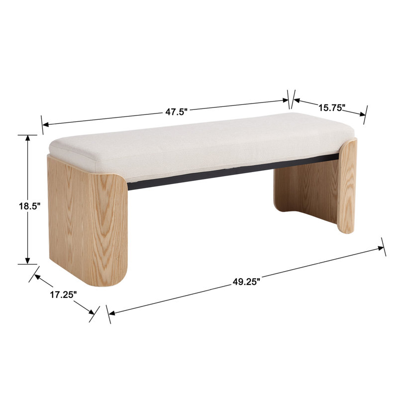 Banc rembourré en bois massif, Chenille blanc / naturel