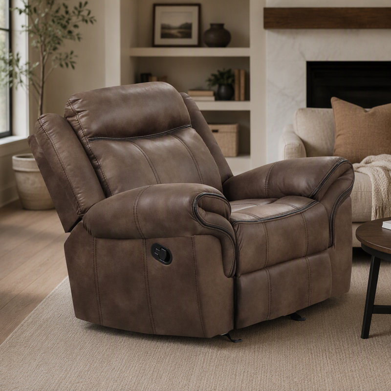 Fauteuil inclinable oscillant et contrastant de style transitionnel avec accoudoirs coussinés et finition brune pour une vie confortable