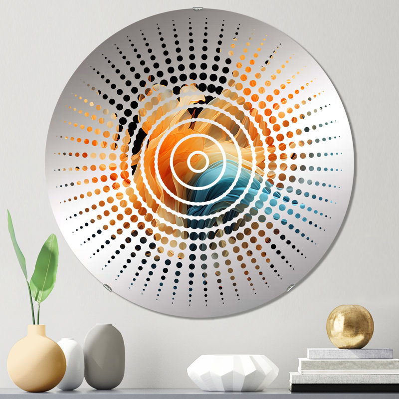 Bright Orange And Turquoise Liquid Ink Art - Sun Circles Wall Mirror, 31.4" x 31.4"