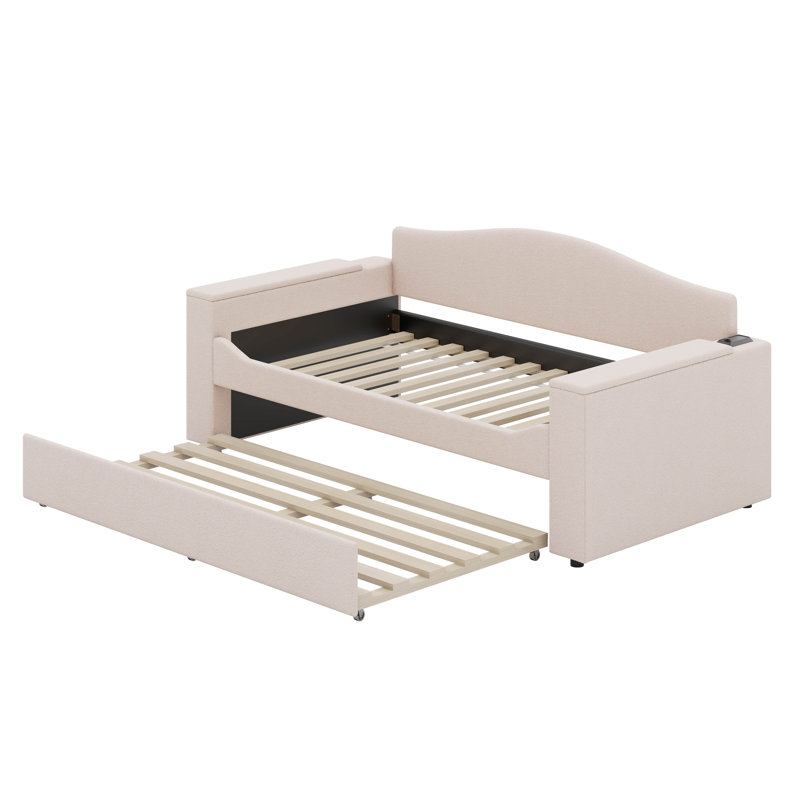 Lit de jour simple rembourré avec accoudoirs de rangement, lit gigogne et système audio Bluetooth intégré, Beige