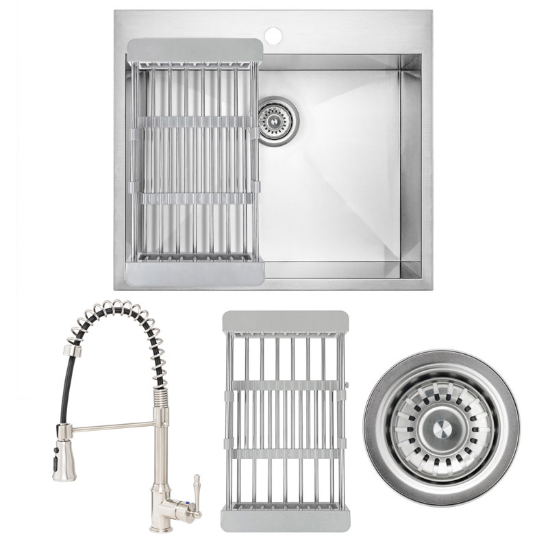 25" L x 22" W Drop-In Kitchen Sink with Faucet and Basket Strainer