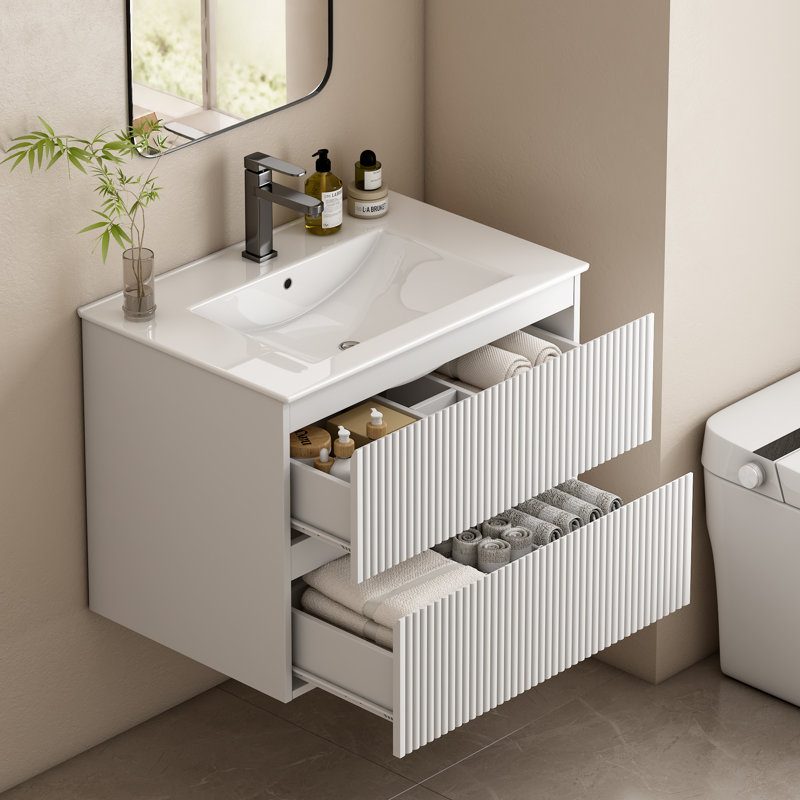 Meuble-lavabo mural simple avec lavabo en céramique et 2 tiroirs, Blanc, 24