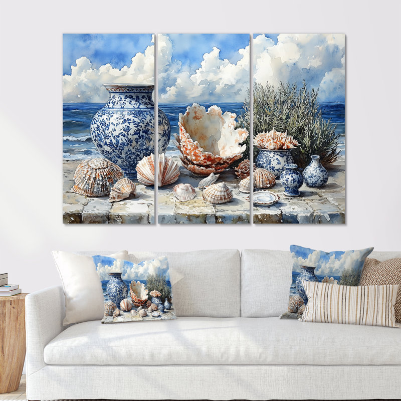 Beach Pottery in Blue and White Tones V - Ensemble d'art mural de poterie de plage, Métal métal, H 40 po x l 60 po x P 1 po