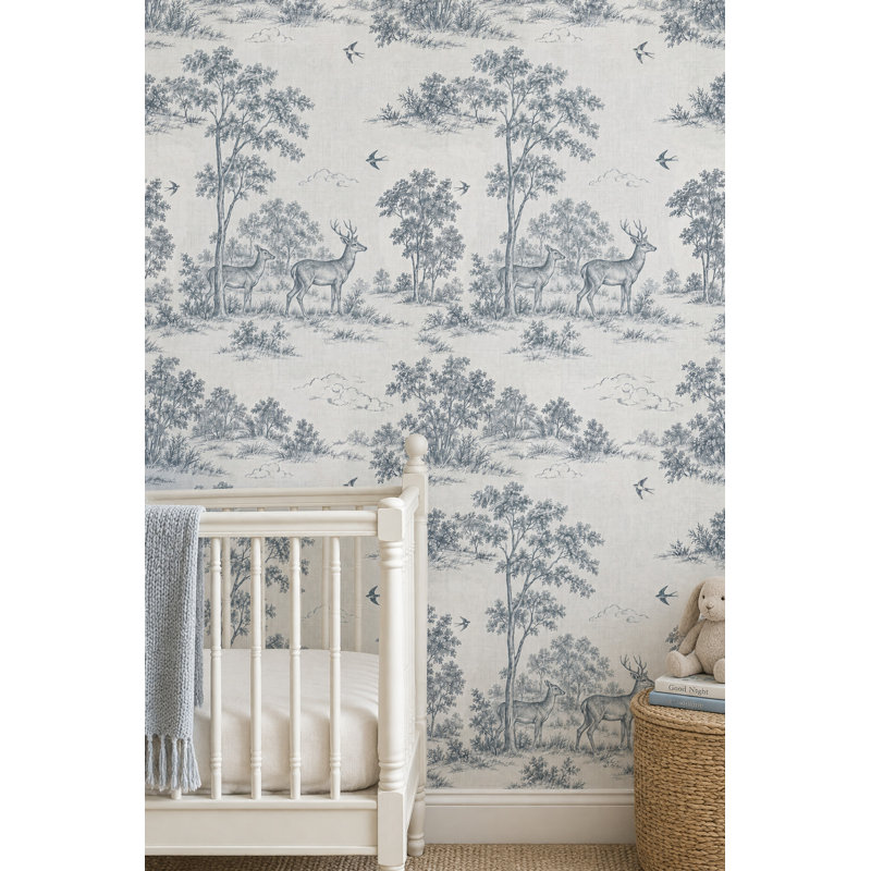 Papier peint cerf et oiseaux Toile rétro bleu ivoire, Peler et coller