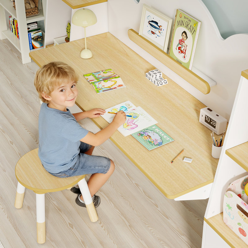 Kids Study Desk With Bookshelves And 2 Stools