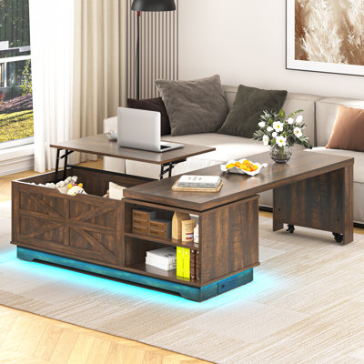 Grande table basse en L 57 po à 89 po avec plateau relevable, prise de courant, rotation à 90 ° / 180 ° et éclairage à 6 000 couleurs DEL, compartiment de rangement caché pour le salon