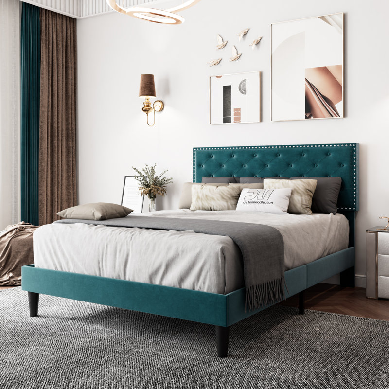Aleiny Velvet Bed with Adjustable Upholstered Headboard, Full, Lake Blue