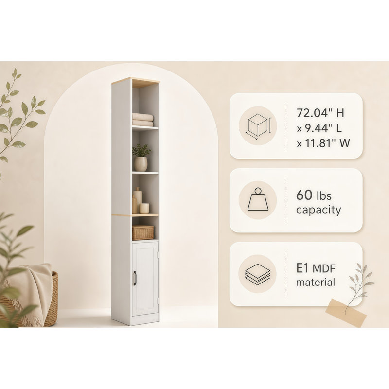 Armoire de rangement haute 72 po en MDF blanc antique avec 1 porte et tablettes réglables pour la salle de bain, petits espaces