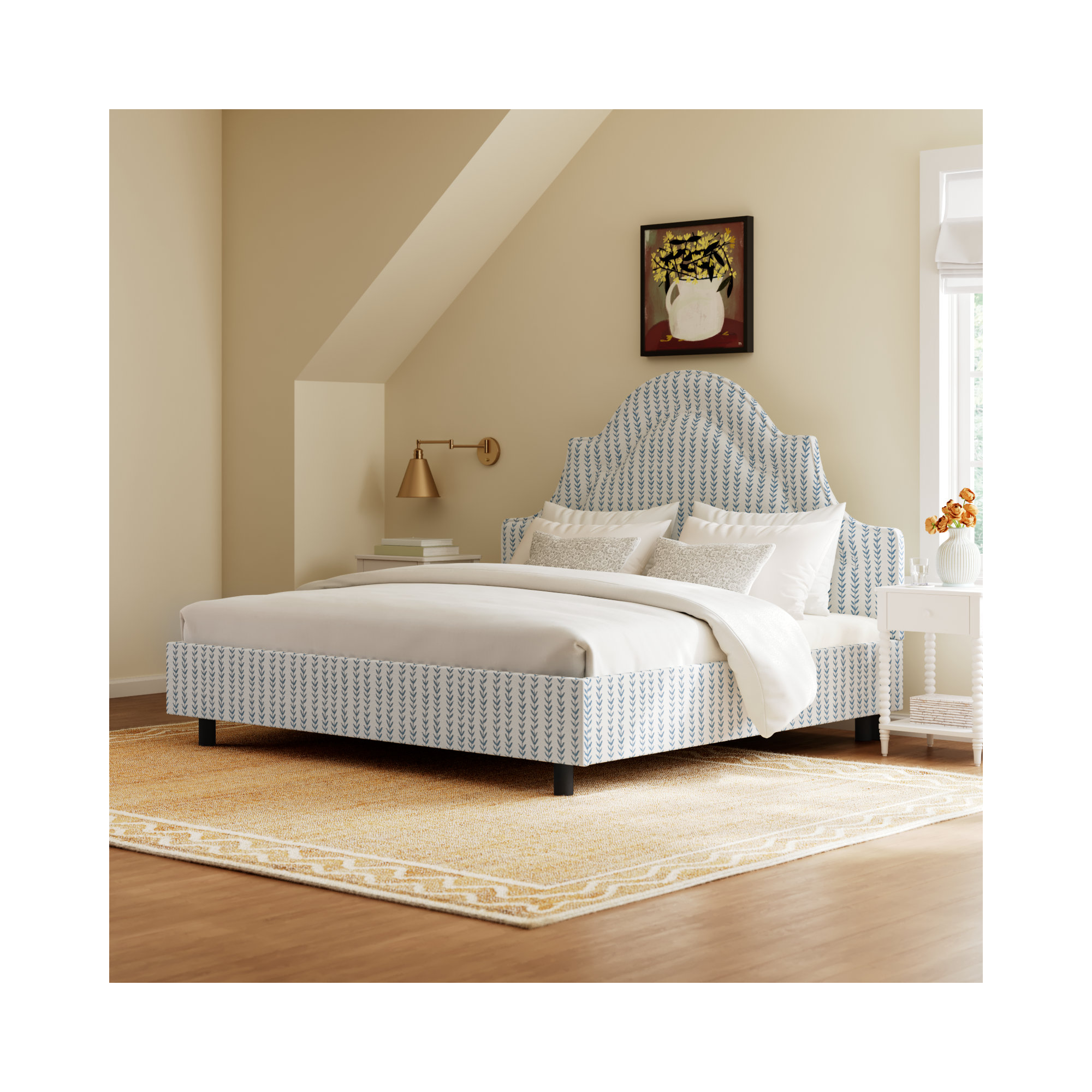 Knipe Upholstered Scalloped Bed, King, Vine Stripe Dusty Blue