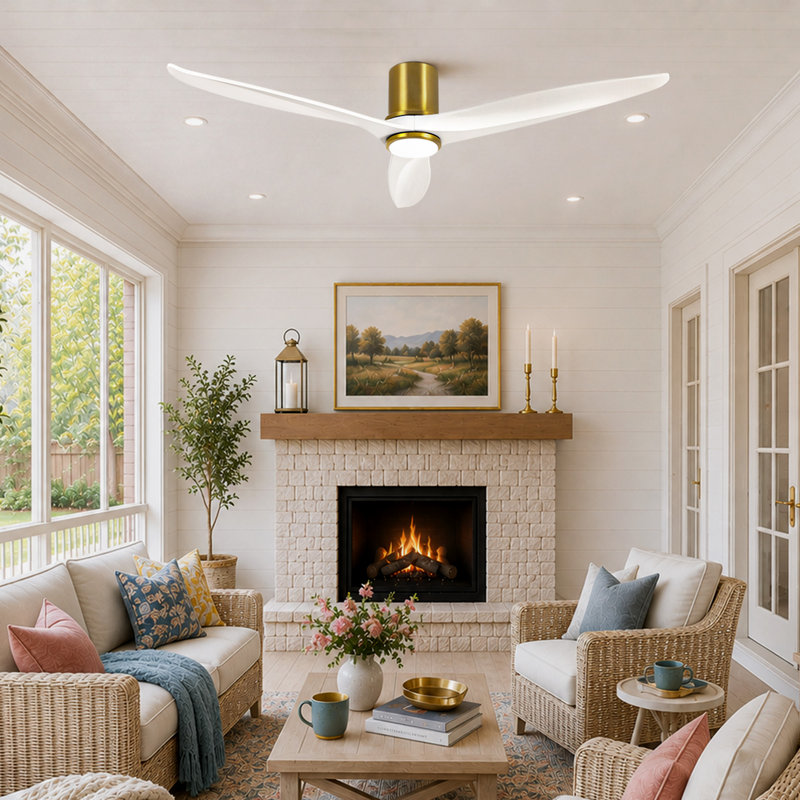 60" Modern Solid Wood Blade Flush Mount Ceiling Fan with LED Light and Remote, 60" Wide, 6556 RPM, White