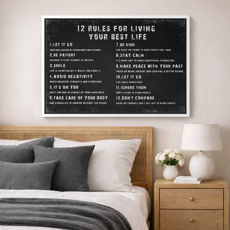 «12 Rules For Living Your Best Life», art mural inspirant, art mural, art mural, Cadre flottant blanc, H 24 po x l 36 po 