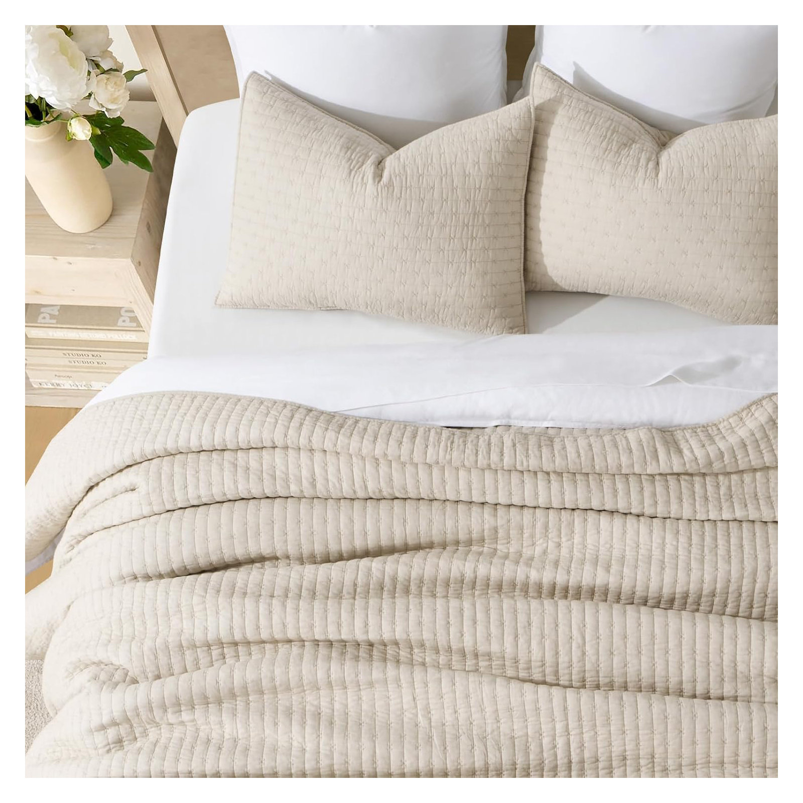 Cross Stitch Cotton Quilt set, Flax Beige, Oversized CalKing Quilt+2Oversized Cal King Shams