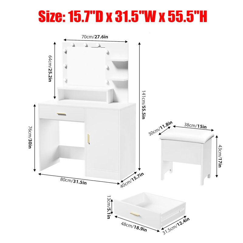 Bureau de coiffeuse avec miroir et 9 ampoules DEL, Blanc