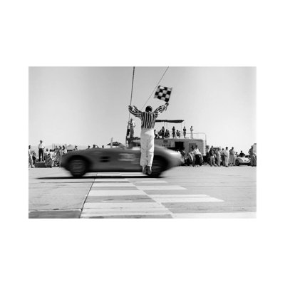 1960s Man Jumping Waving Checkered Flag For Winning Sports Car Crossing The Finish Line - Wrapped Canvas Print