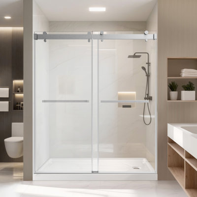 Porte de douche coulissante l 60 po x H 72 po, verre trempé de 3/8 po (10 mm), rail en acier inoxydable, glissement en douceur avec tampon, plage réglable de 4 po, installation à gauche / droite