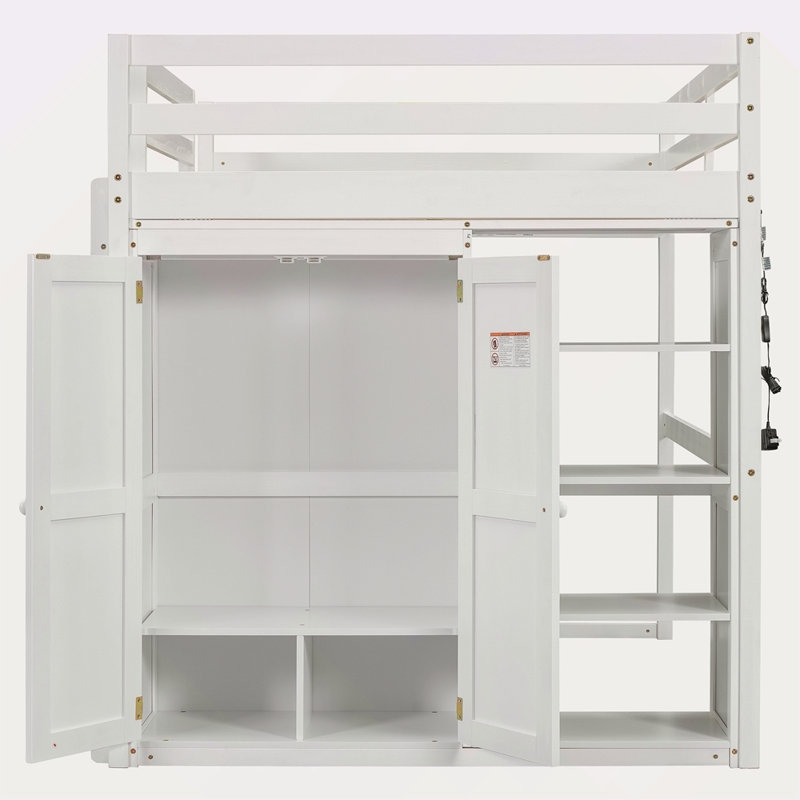 Lit mezzanine en bois avec garde-robe intégré et tablettes de rangement, lumière DEL, Blanc