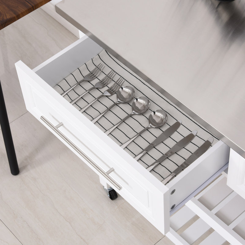 Kitchen Island With Stainless Steel Top, Open Shelves, And Drawers